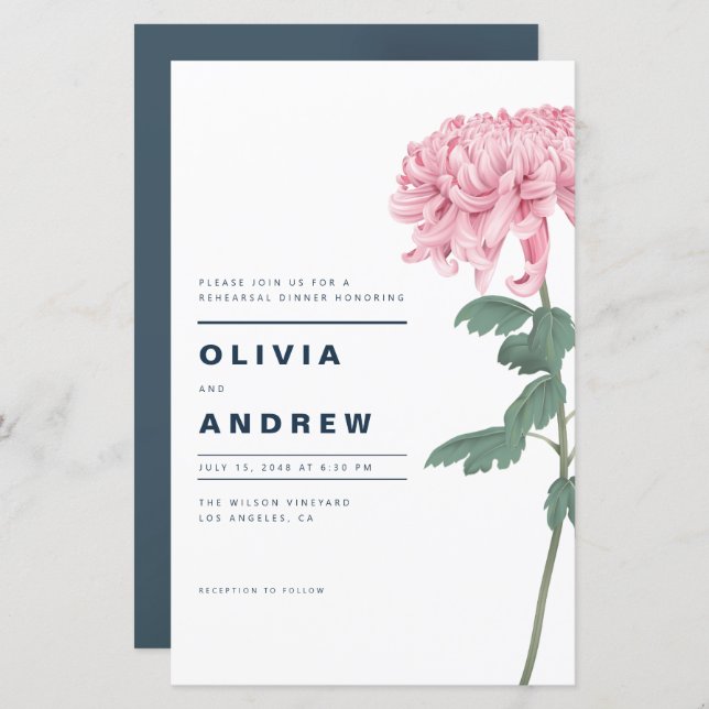 ピンクキクフローラリハーサルディナー招待状 (正面/裏面)