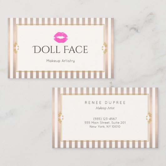 ピンクキスヴィンテージメイクアップアーティスト金ゴールドストライプ美しい 名刺 (正面/裏面)