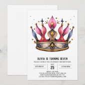 ピンクキッズプリンセスクラウン誕生日 招待状 (正面/裏面)