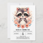 ピンクキッズラクーンガール誕生日 招待状 (正面)