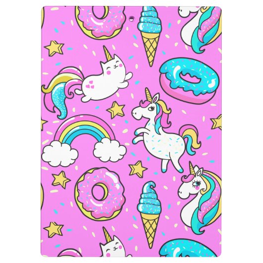 ピンクキッチーの輝くおもしろいユニコーンと子猫 クリップボード (裏面)