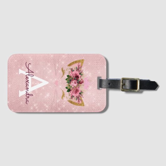 ピンクキティスパークルプリンセスモノグラム名前 ラゲッジタグ (正面横)