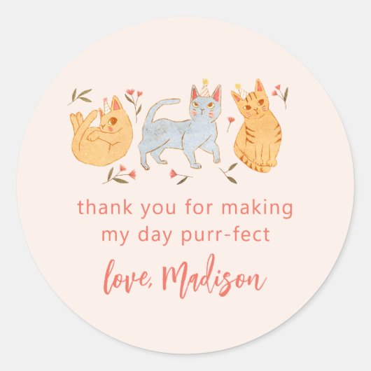 ピンクキティ猫の誕生会のお願い ラウンドシール (正面)