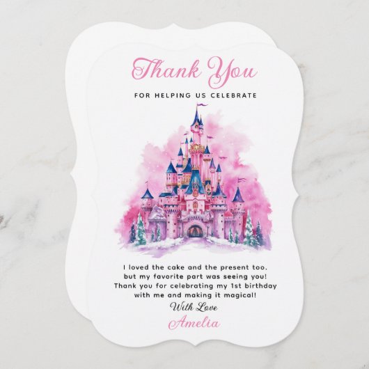 ピンクキャッスルウォーターカラー1st誕生日サンキューカード (正面/裏面)