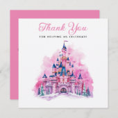 ピンクキャッスルウォーターカラー1st誕生日サンキューカード サンキューカード (正面/裏面)