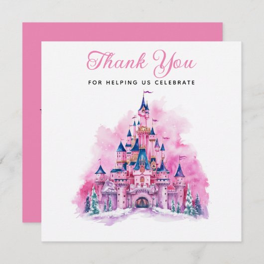 ピンクキャッスルウォーターカラー1st誕生日サンキューカード サンキューカード (正面/裏面)