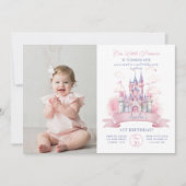 ピンクキャッスルキングダムプリンセス誕生日写真 招待状 (正面)
