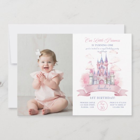 ピンクキャッスルキングダムプリンセス誕生日写真 招待状 (正面)