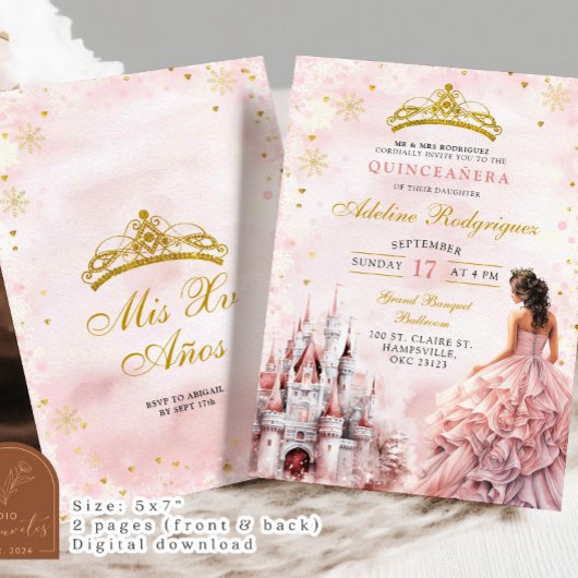 ピンクキャッスルパレスキンセアニェラメキシコ誕生日 招待状