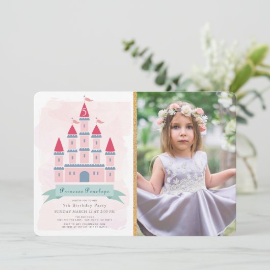 ピンクキャッスルプリンセスガールフォト誕生日 招待状 (スタンド正面)