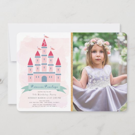 ピンクキャッスルプリンセスガールフォト誕生日 招待状 (正面)