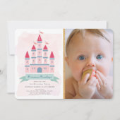 ピンクキャッスルプリンセスガール写真1st誕生日 招待状 (正面)