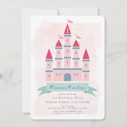 ピンクキャッスルプリンセスガール1st誕生日 招待状 (正面)
