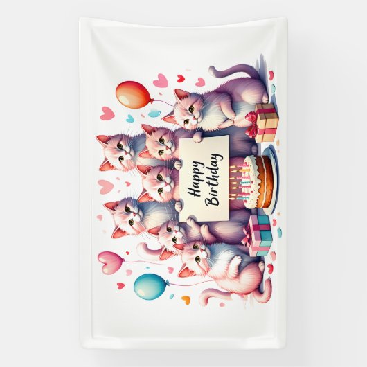 ピンクキャット誕生祝いイラストレーション 横断幕 (縦)