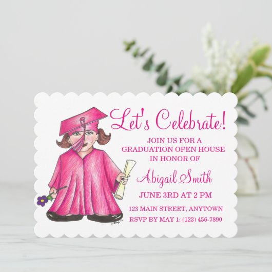 ピンクキャップガウン学校卒業パーティーオープンハウス 招待状 (スタンド正面)