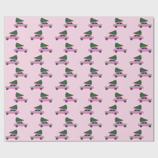 ピンクキャブタクシーモミの木の模様ピンクのクリスマス ラッピングペーパー (フラット)