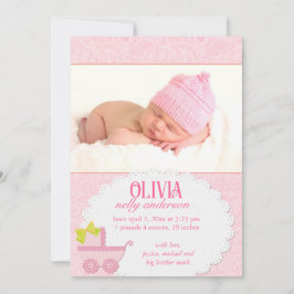 ピンクキャリッジベビーガールフォト誕生 案内状
