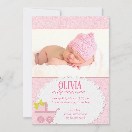 ピンクキャリッジベビーガールフォト誕生 案内状 (正面)