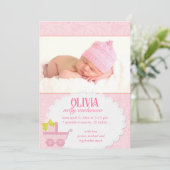 ピンクキャリッジベビーガールフォト誕生 案内状 (スタンド正面)