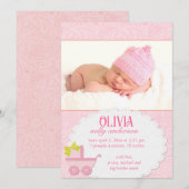 ピンクキャリッジベビーガールフォト誕生 案内状 (正面/裏面)