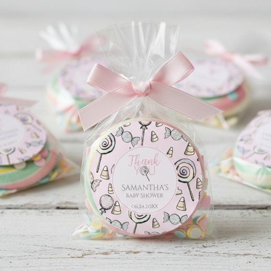 ピンクキャンディをテーマにした赤ちゃんシャワーありがとうステッカー ラウンドシール