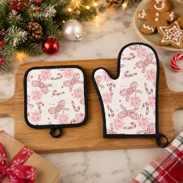 ピンクキャンディケインとスノーフレークのクリスマス 鍋つかみ&鍋敷きセット