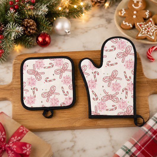 ピンクキャンディケインとスノーフレークのクリスマス 鍋つかみ&鍋敷きセット