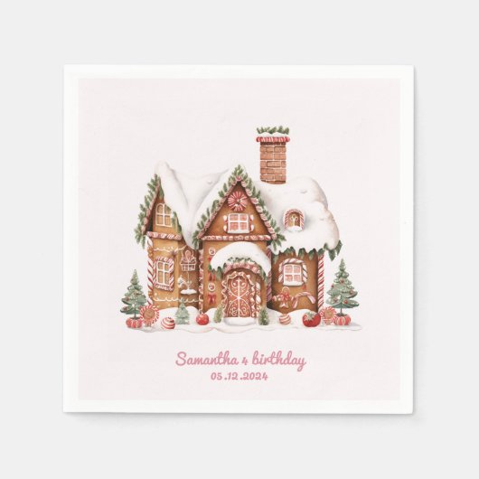 "ピンクキャンディジンジャーブレッドハウス誕生日 スタンダードカクテルナプキン (正面)
