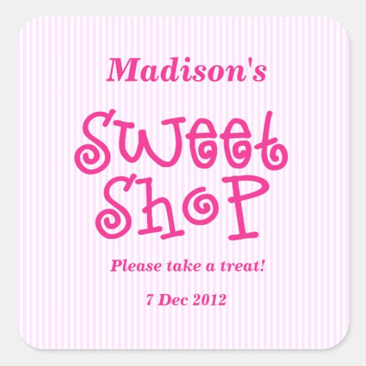 ピンクキャンディストライプー甘いお店ステッカー スクエアシール (正面)