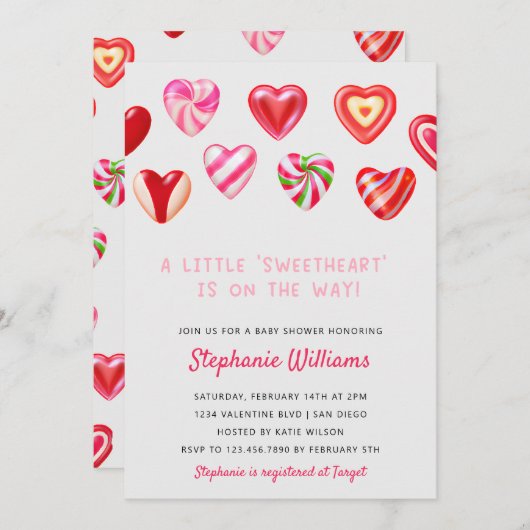 ピンクキャンディハート少し甘い赤ちゃんシャワー 招待状 (正面/裏面)