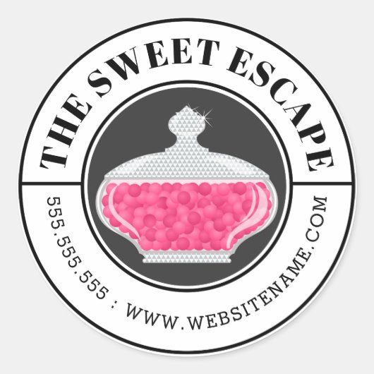 ピンクキャンディビュッフェとカーブ文字 ラウンドシール (正面)