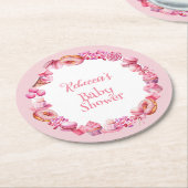 ピンクキャンディフレームガールベビーシャワー ラウンドペーパーコースター (アングル)