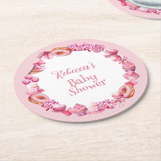 ピンクキャンディフレームガールベビーシャワー ラウンドペーパーコースター (アングル)
