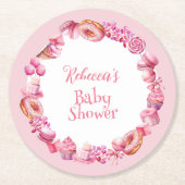 ピンクキャンディフレームガールベビーシャワー ラウンドペーパーコースター (正面)