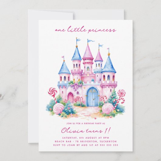 ピンクキャンディランドキャッスル1st誕生日パーティー 招待状 (正面)