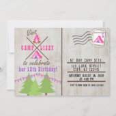 ピンクキャンピングウッドフランネルポストカード誕生日 招待状 (正面)