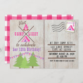 ピンクキャンピングウッドフランネルポストカード誕生日 招待状 (正面/裏面)