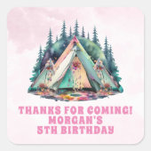 ピンクキャンピングスリーポバーバースデーパーティーの好意 スクエアシール (正面)