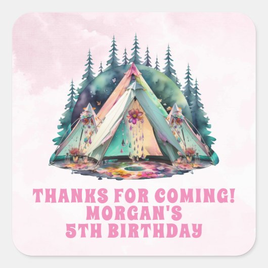 ピンクキャンピングスリーポバーバースデーパーティーの好意 スクエアシール (正面)