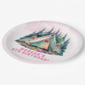 ピンクキャンピングスリーポバーバースデーパーティー ペーパープレート (アングル)