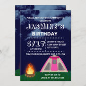 ピンクキャンプアウト誕生日パーティーへの招待 招待状 (正面/裏面)