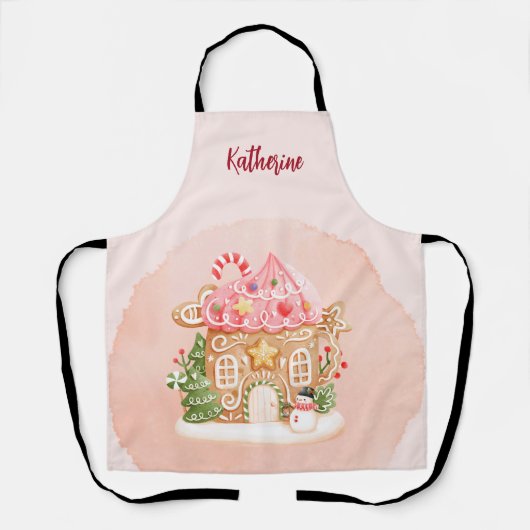 ピンクキュートジンジャーブレッドハウスクリスマスズホリデー エプロン (正面)