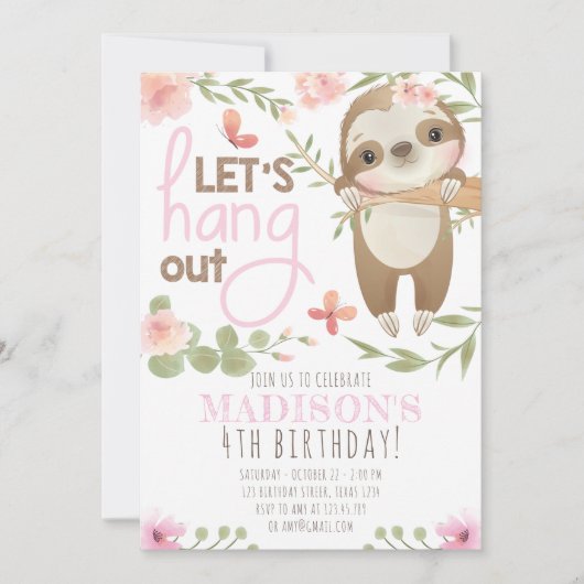 ピンクキュートスロッスガール誕生日招待状 招待状 (正面)