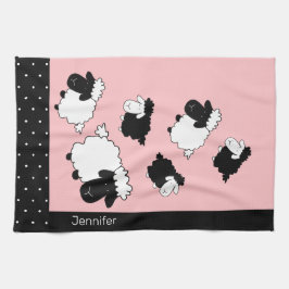 ピンクキュートヒツジイラストレーション モノグラムの キッチンタオル