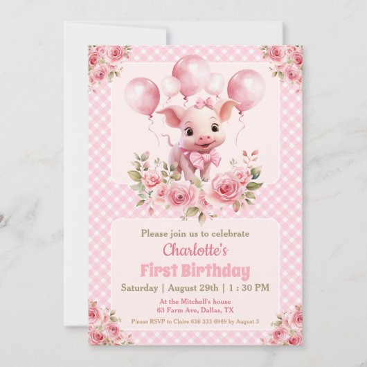 ピンクキュートピッグファームガール1st誕生日招待状 招待状 (正面)