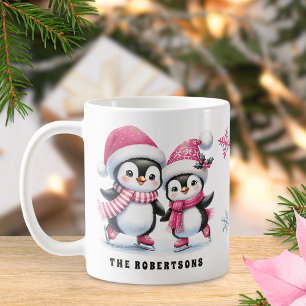 ピンクキュートペンギンズアイススケートで滑るファミリークリスマス コーヒーマグカップ