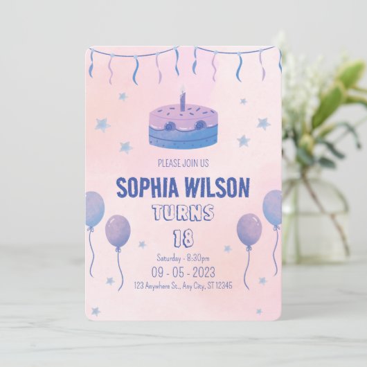 ピンクキュートミニマル誕生日招待状 招待状 (スタンド正面)