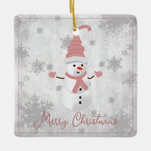 ピンクキュート雪だるまホリデーオーナメント セラミックオーナメント (正面)