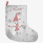 ピンクキュート雪だるまホリデーストッキング ラージクリスマスストッキング (正面)
