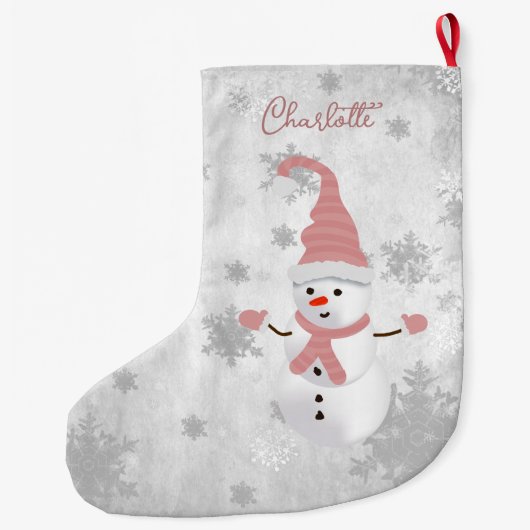 ピンクキュート雪だるまホリデーストッキング ラージクリスマスストッキング (裏面)